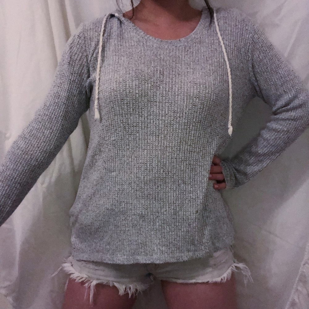 Gray Knit Drawstring Hoodie